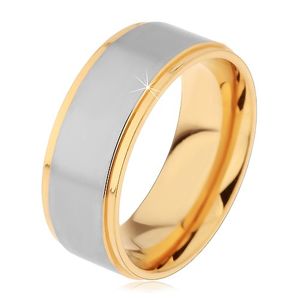 Błyszczący srebrno-złoty stalowy pierścionek z dwoma nacięciami - Rozmiar : 61