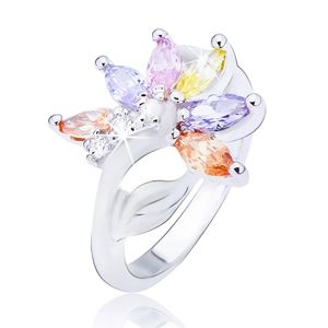 Błyszczący srebrny pierścionek, kwiat z kolorowymi cyrkoniowymi płatkami - Rozmiar : 51