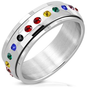 Błyszczący stalowy pierścień - ruchomy środek, cyrkonie w kolorach tęczy - Rozmiar : 67
