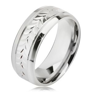 Błyszczący stalowy pierścień, rowki, jodełkowy wzór - Rozmiar : 65