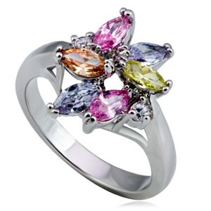 Błyszczący stalowy pierścionek kwiat, kolorowa łza i okrągłe cyrkonie - Rozmiar : 56