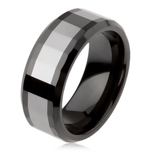 Błyszczący wolframowy pierścionek, dwukolorowy, geometryczna szlifowana powierzchnia - Rozmiar : 67