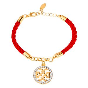 Bransoletka, czerwony sznurek, ornament w złotym kolorze, przejrzyste cyrkonie, karabińczyk
