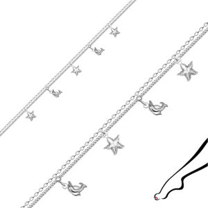 Bransoletka na nogę ze srebra 925 - podwójny łańcuszek, ozdobiony delfinami i gwiazdkami