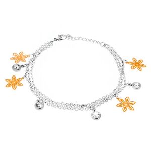 Bransoletka na rękę - trzy łańcuszki, złote kwiaty, okrągłe oprawy z kamyczkami