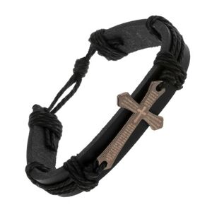 Bransoletka z czarnej sztucznej skóry i sznurków, duży lśniący krzyż z modlitwą
