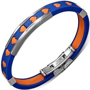 Bransoletka z gumy - niebieska, pomarańczowe serduszka i metalowe ozdoby