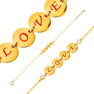 Bransoletka z żółtego 14K złota - cztery lśniące kółka z napisem LOVE, cyrkonie, 185 mm