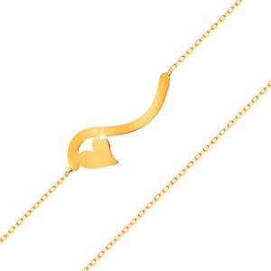 Bransoletka z żółtego 585 złota - fala i małe symetryczne serduszko, subtelny łańcuszek