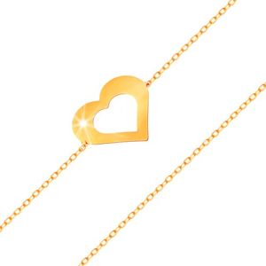 Bransoletka z żółtego 585 złota - subtelny łańcuszek, płaski zarys serca, lśniąca gładka powierzchnia