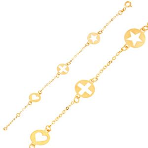 Bransoletka z żółtego złota 9K - łańcuszek, płytki z sercem, krzyżem i gwiazdą