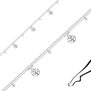 Bransoletka ze srebra 925 na nogę - podwójny łańcuszek, ozdobiony pełnymi kulkami i drzewkami szczęścia
