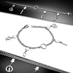 Bransoletka ze stali chirurgicznej w kolorze srebrnym, podwójny łańcuszek, gwiazdki z literami
