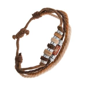 Bransoletka ze sznurków brązowego i beżowego koloru, drewniane i stalowe koraliki