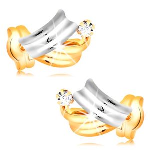 Brylantowe złote kolczyki 14K - lśniące dwukolorowe łuki, bezbarwny okrągły diament