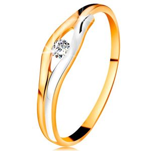 Brylantowy pierścionek z 14K złota - diament w wąskim wycięciu, dwukolorowe linie - Rozmiar : 55
