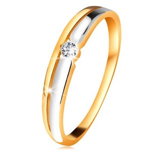 Brylantowy pierścionek z 14K złota - przezroczysty diament w okrągłej oprawie, dwukolorowe linie - Rozmiar : 55