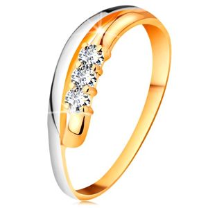 Brylantowy pierścionek z 14K złota, faliste dwukolorowe linie ramion, trzy bezbarwne diamenty - Rozmiar : 52