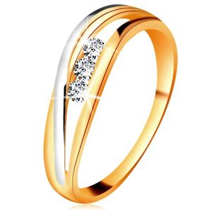 Brylantowy pierścionek z 14K złota, faliste dwukolorowe linie ramion, trzy przezroczyste diamenty  - Rozmiar : 55