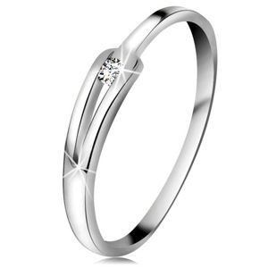 Brylantowy pierścionek z białego 14K złota - błyszczący bezbarwny diament, wąskie rozdzielone ramiona - Rozmiar : 57
