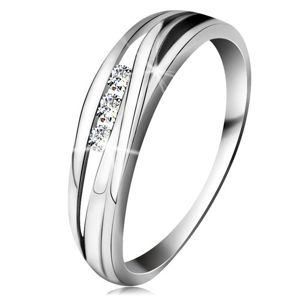 Brylantowy pierścionek z białego 14K złota, faliste linie ramion, trzy bezbarwne diamenty - Rozmiar : 50