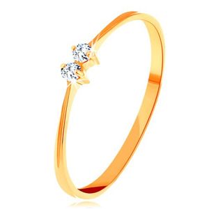 Brylantowy złoty pierścionek 585 - cienkie lśniące ramiona, dwa błyszczące bezbarwne diamenty - Rozmiar : 55