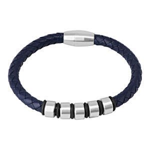 Ciemnoniebieska skórzana bransoletka - pleciony sznurek z metalowymi rolkami i gumkami, zapięcie magnetyczne