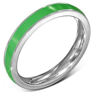Cieńki stalowy pierścionek - obrączka, zielony prążek, srebrne brzegi - Rozmiar : 51