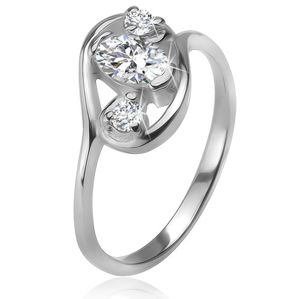 Cyrkoniowy pierścionek, zarys elipsy, trzy przezroczyste szlifowane kamyczki, srebro 925 - Rozmiar : 59