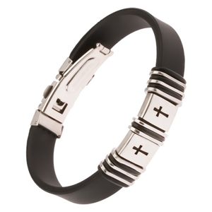 Czarna gumowa bransoletka, stalowe wstawki z wyciętymi krzyżami