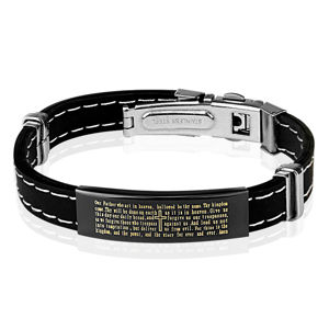 Czarna gumowa bransoletka z białym przeszyciem - prostokątny znaczek w kolorze czarnym z tekstem modlitwy