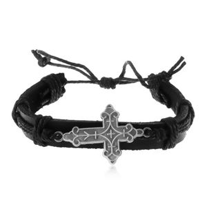 Czarna skórzana bransoletka ze sznurków, ozdobnie wycięty duży krzyż
