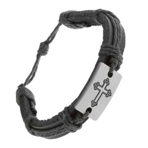 Czarna skórzana bransoletka ze sznurków, prostokąt z wyrytym trólistnym krzyżem