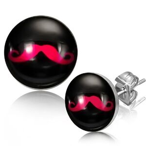 Czarne okrągłe stalowe kolczyki z różowymi wąsami