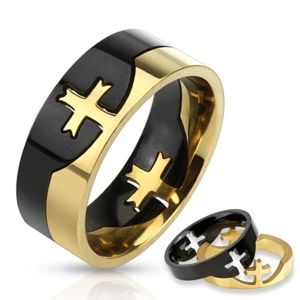 Czarno-złoty dwukolorowy pierścionek ze stali chirurgicznej, krzyż - Rozmiar : 64