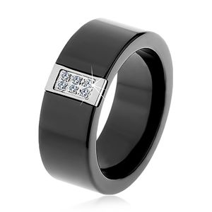 Czarny ceramiczny pierścionek o gładkiej powierzchni, stalowy prostokąt z cyrkoniami - Rozmiar : 54