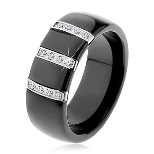 Czarny ceramiczny pierścionek o gładkiej powierzchni, trzy stalowe pasy z cyrkoniami - Rozmiar : 59