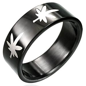 Czarny pierścionek z marihuaną - Rozmiar : 56