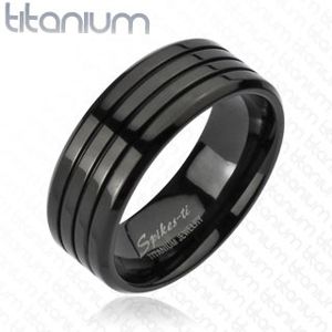 Czarny pierścionek z tytanu z trzema cienkimi nacięciami, wysoki połysk, 8 mm - Rozmiar : 62