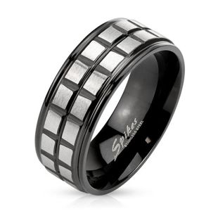 Czarny stalowy pierścionek, dwa pasy z matowych srebrnych kwadratów - Rozmiar : 60