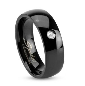 Czarny stalowy pierścionek, lśniące zaokrąglone ramiona, bezbarwna cyrkonia, 6 mm - Rozmiar : 60