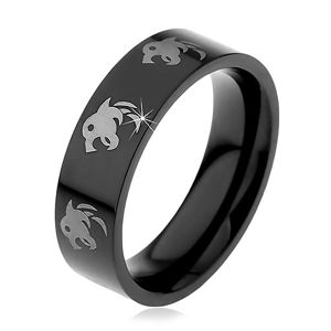 Czarny stalowy pierścionek, nadruk wilków srebrnego koloru, 6 mm - Rozmiar : 49