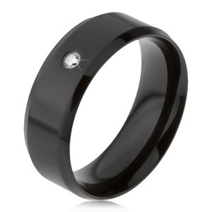 Czarny stalowy pierścionek, przezroczysty kamyczek, ścięte krawędzie - Rozmiar : 65