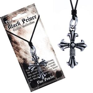 Czarny sznurek na szyję i metalowa zawieszka, podwójny krzyż, liliowe ramiona