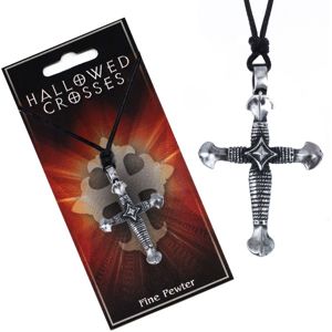 Czarny sznurek na szyję z metalową zawieszką owiniętego krzyża