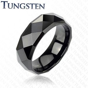 Czarny tungsten pierścionek - z oszlifowanymi rombami, 6 mm - Rozmiar : 52