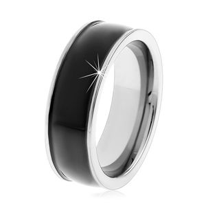 Czarny tungstenowy gładki pierścionek, delikatnie wypukły, błyszcząca powierzchnia, srebrne brzegi - Rozmiar : 54