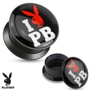Czarny wkręcany plug z akrylu - I love Playboy - Szerokość: 6 mm 