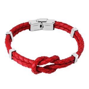 Czerwona skórzana bransoletka - węzeł z dwóch warkoczy, metalowe klipsy, zapięcie zegarkowe