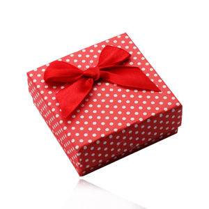 Czerwone prezentowe pudełeczko na pierścionki, kolczyki lub zawieszkę, białe kropki, kokardka